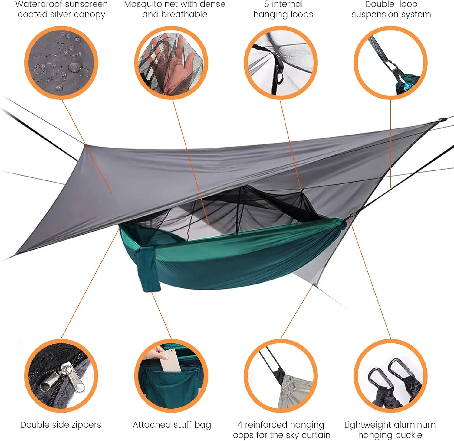 Camping Hammock with Mosquito Net & Rain Fly Tent Tarp & Tree Straps Portable Strong Nylon Hammock Parachute Tent w/Storage Bag for Camping Hiking Backyard Outdoor Backpacking Travel