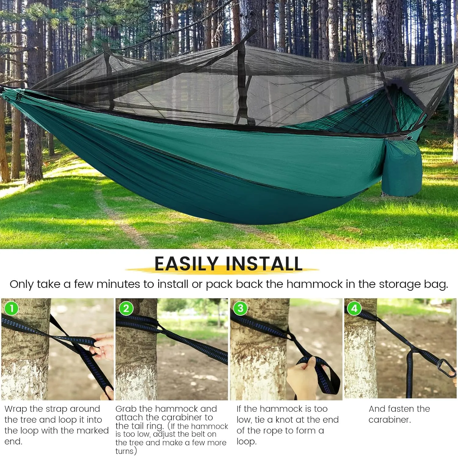Camping Hammock with Mosquito Net & Rain Fly Tent Tarp & Tree Straps Portable Strong Nylon Hammock Parachute Tent w/Storage Bag for Camping Hiking Backyard Outdoor Backpacking Travel