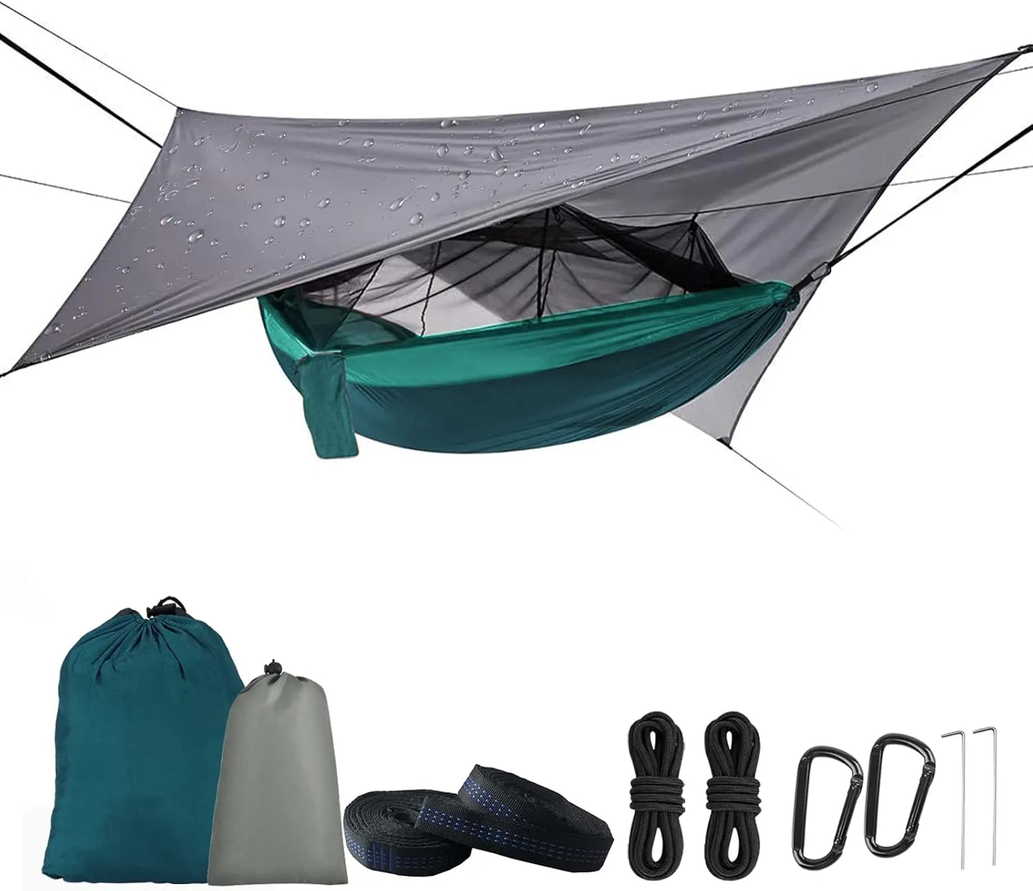 Camping Hammock with Mosquito Net & Rain Fly Tent Tarp & Tree Straps Portable Strong Nylon Hammock Parachute Tent w/Storage Bag for Camping Hiking Backyard Outdoor Backpacking Travel