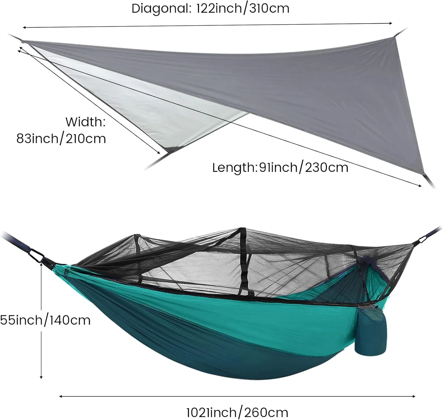 Camping Hammock with Mosquito Net & Rain Fly Tent Tarp & Tree Straps Portable Strong Nylon Hammock Parachute Tent w/Storage Bag for Camping Hiking Backyard Outdoor Backpacking Travel