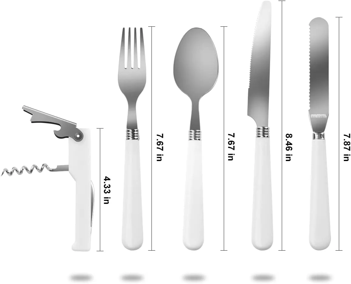 Camping Kitchen Silverware Mess Kit Cutlery Organizer 4 Person Dinnerware Set - 24pcs Eating Utensils Set with Stainless Steel Plate Spoon Serrated & Butter Knife Wine Opener Fork (4 Person)