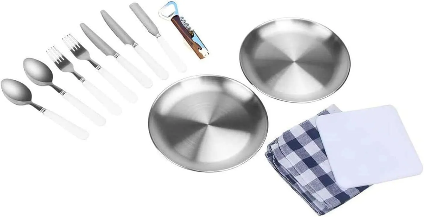 Camping Kitchen Silverware Mess Kit Cutlery Organizer 4 Person Dinnerware Set - 24pcs Eating Utensils Set with Stainless Steel Plate Spoon Serrated & Butter Knife Wine Opener Fork (4 Person)