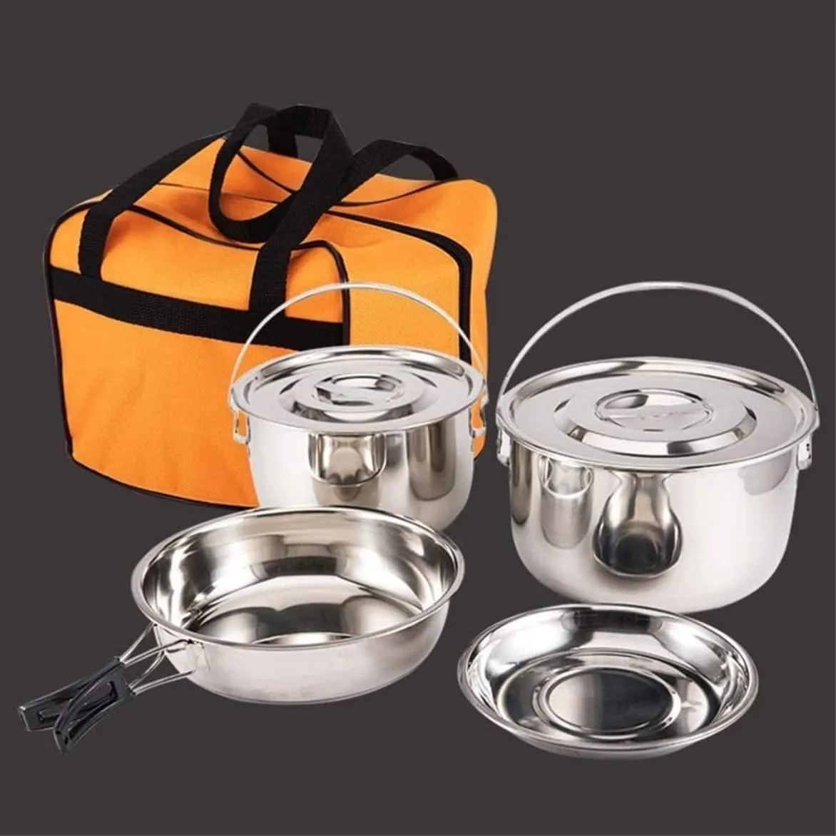Camping Kitchen Utensil Stainless Steel Folding Handle Hanging Pot Frying Pan Dish Cookware Set Portable Outdoor Camping Picnic for Outdoor Cooking