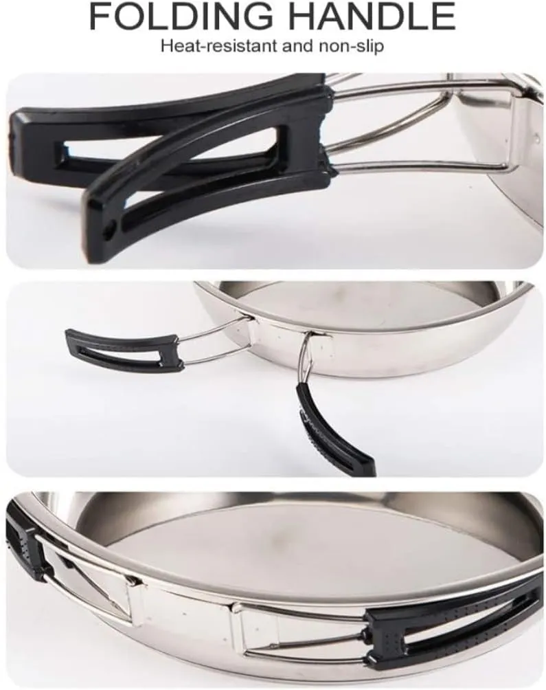 Camping Kitchen Utensil Stainless Steel Folding Handle Hanging Pot Frying Pan Dish Cookware Set Portable Outdoor Camping Picnic for Outdoor Cooking