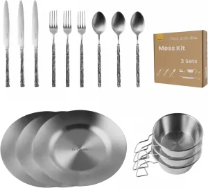 Camping Mess Kit - 3 Person Boy Scout Essentials With Bowls, Plates, Cups, Utensils - Cooking Set for Backpacking, Hiking, Picnic