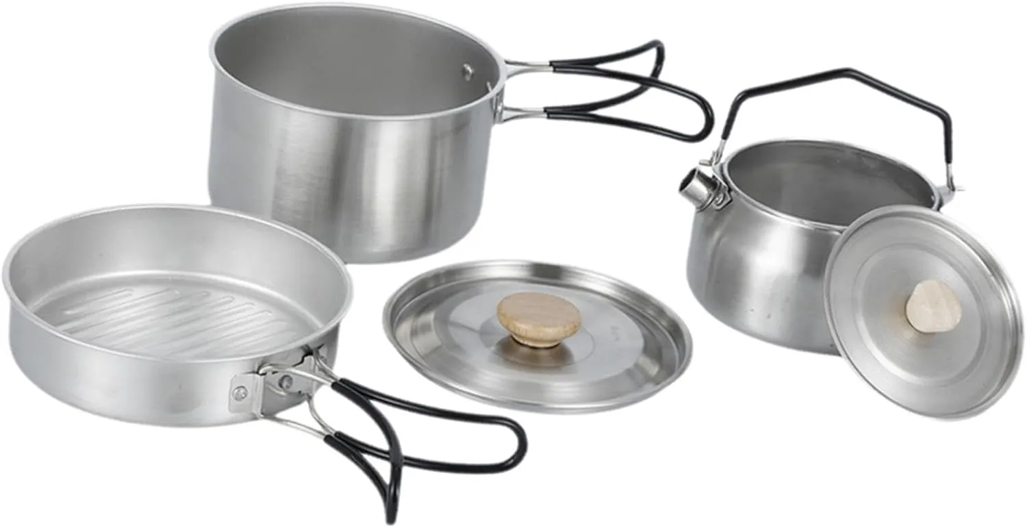 Camping Mess Kit Camping Cookware Folding Handle Multifunctional Frying Pan Kettle for Backpacking BBQ Travel Camping Fishing