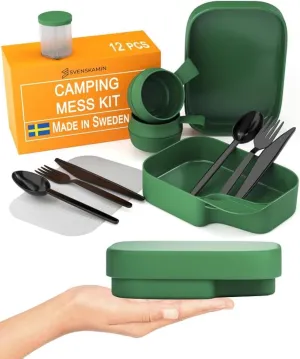 Camping Mess Kit for 2 - Compact 12-Piece Set Including, Cups, Bowls, Silverware, Cutting Board, Salt & Pepper Shakers