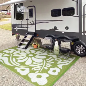 Camping Pattern Camper, Flower Garden 6'x9' Waterproof (Green Outdoor Tent & for Plastic Rug Lahome - Flower) Straw Reversible Premium customer care Mat,Green Great deal