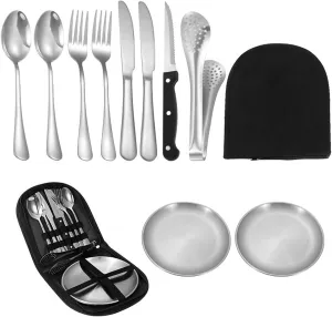Camping Silverware Set with Case, 10 Pcs Camping Mess Kit with Stainless Steel Plates Spoon Fork Knife, Portable Flatware Set for Hiking Travel Camping
