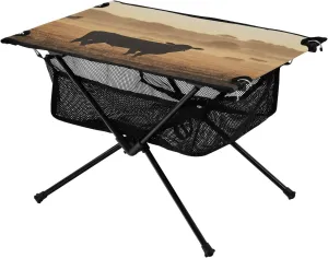 Camping Table Lightweight Portable Folding Table with Mesh Storage Net Black Cow Silhouette Ideal for Camping Hiking Beach Picnic Travel Backyard