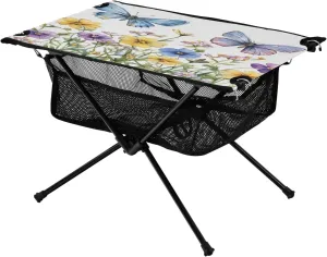 Camping Table Lightweight Portable Folding Table with Mesh Storage Net Butterfly Flower Watercolor Ideal for Camping Hiking Beach Picnic Travel Backyard