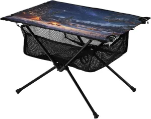 Camping Table Lightweight Portable Folding Table with Mesh Storage Net Galaxy Starry Sky Snowy Night Ideal for Camping Hiking Beach Picnic Travel Backyard