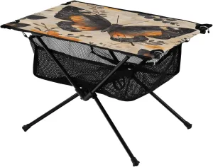 Camping Table Lightweight Portable Folding Table with Mesh Storage Net Retro Butterfly Flower Ideal for Camping Hiking Beach Picnic Travel Backyard