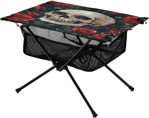 Camping Table Lightweight Portable Folding Table with Mesh Storage Net Rose Skull Ideal for Camping Hiking Beach Picnic Travel Backyard