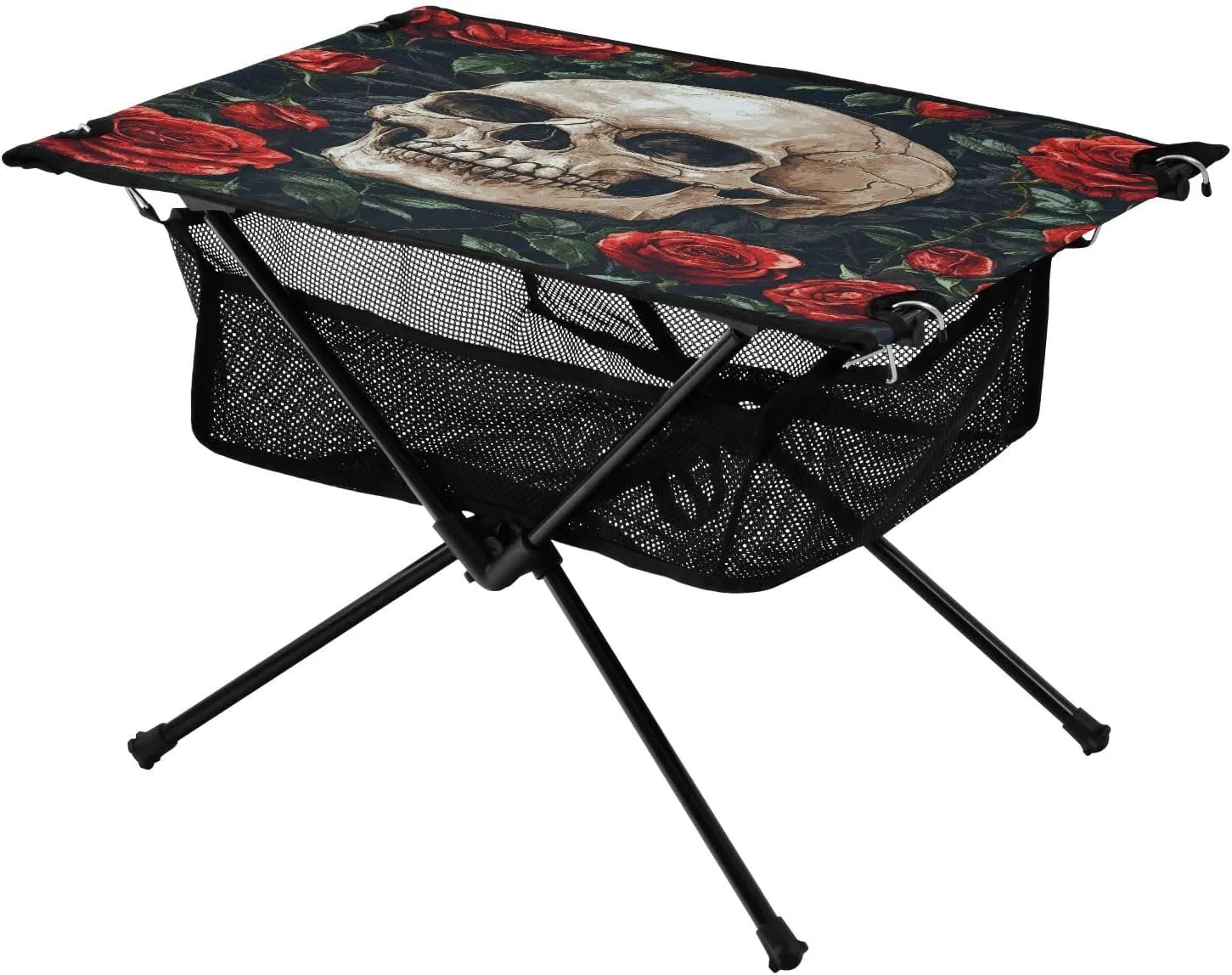 Camping Table Lightweight Portable Folding Table with Mesh Storage Net Rose Skull Ideal for Camping Hiking Beach Picnic Travel Backyard