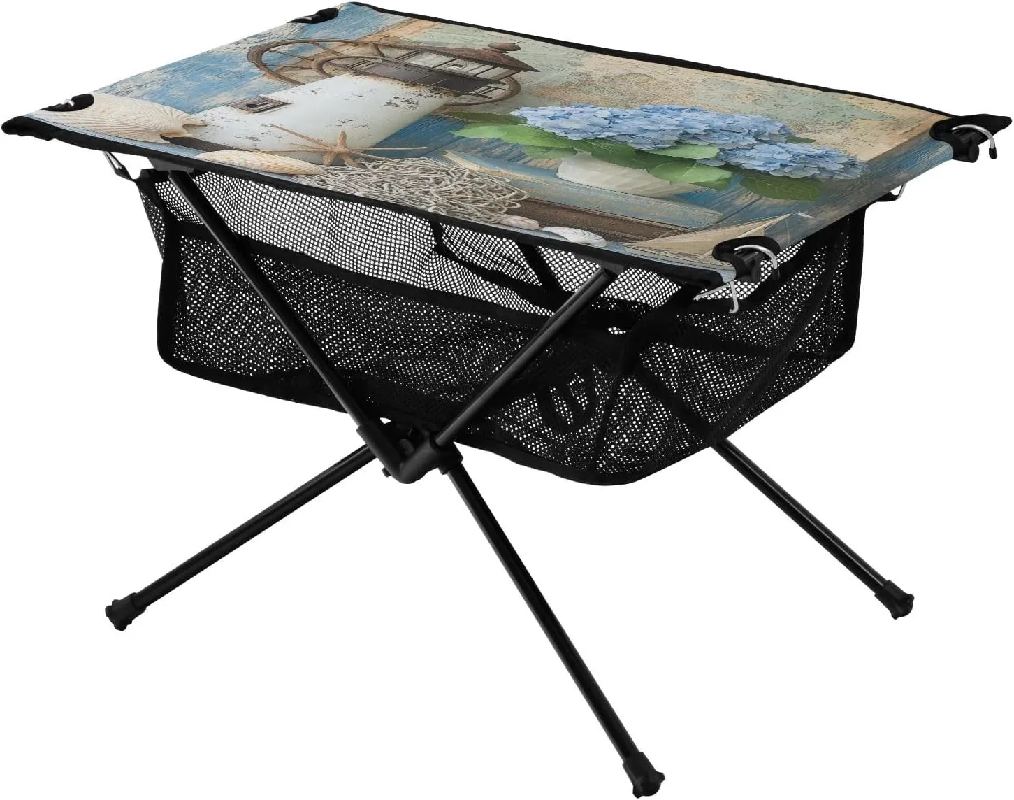 Camping Table Lightweight Portable Folding Table with Mesh Storage Net Wood Grain Hydrangea Flowers Ideal for Camping Hiking Beach Picnic Travel Backyard