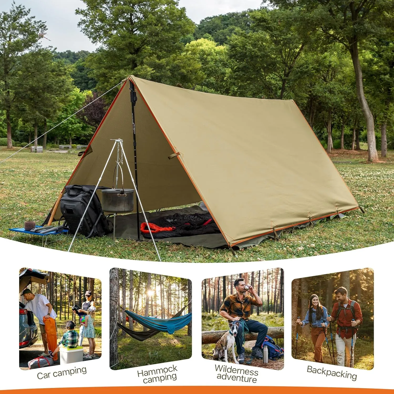 Camping Tarp Tent Portable Multifunctional Bushcraft Backpacking Tear-Resistant Fabric Rain Fly Tarps Awning Shelter Lightweight Waterproof Tarp(10×10 tarp)