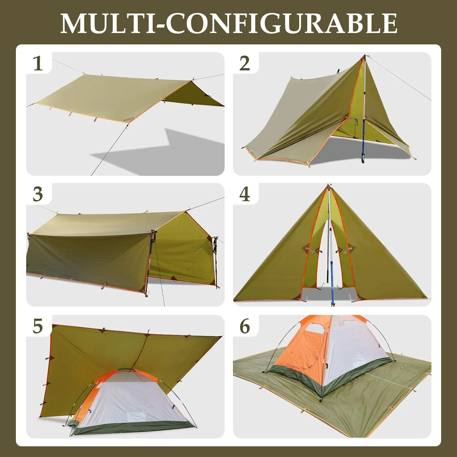 Camping Tarp Tent Portable Multifunctional Bushcraft Backpacking Tear-Resistant Fabric Rain Fly Tarps Awning Shelter Lightweight Waterproof Tarp(10×10 tarp)