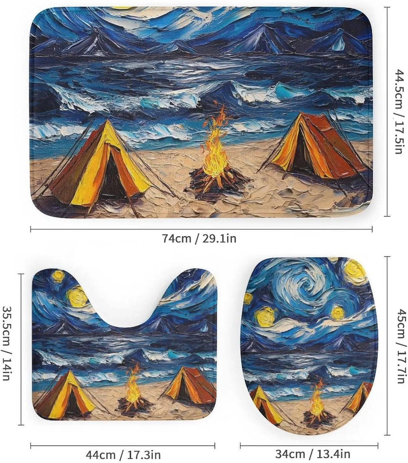 Camping Tent 4 Pcs Shower Curtain Set, Non Slip Rug Toilet Lid Cover Bath Mat, Tropical Ocean Beach Campfire Oil Painting Bathroom Shower Decor Set Accessory, 72 x 72 Inch