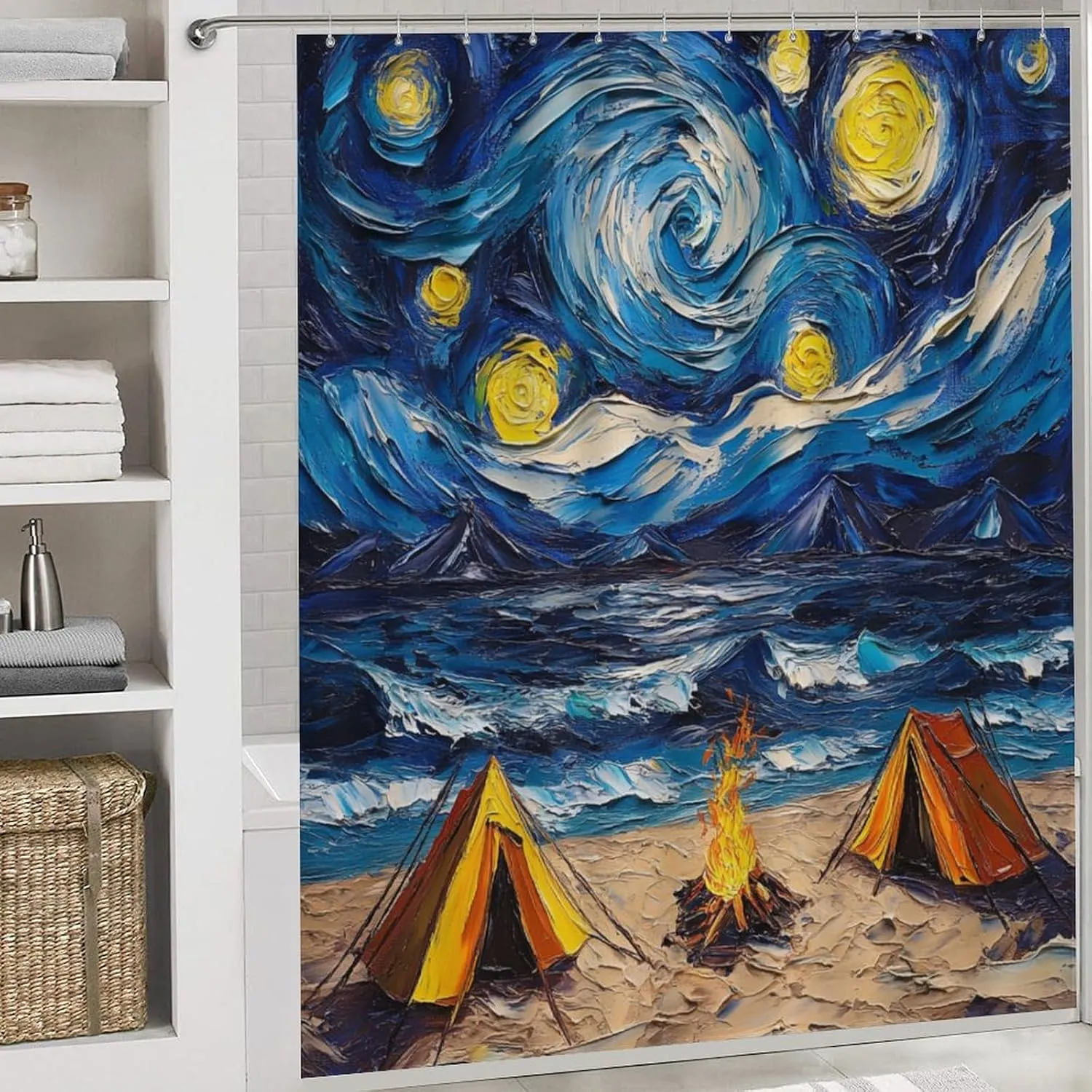 Camping Tent 4 Pcs Shower Curtain Set, Non Slip Rug Toilet Lid Cover Bath Mat, Tropical Ocean Beach Campfire Oil Painting Bathroom Shower Decor Set Accessory, 72 x 72 Inch