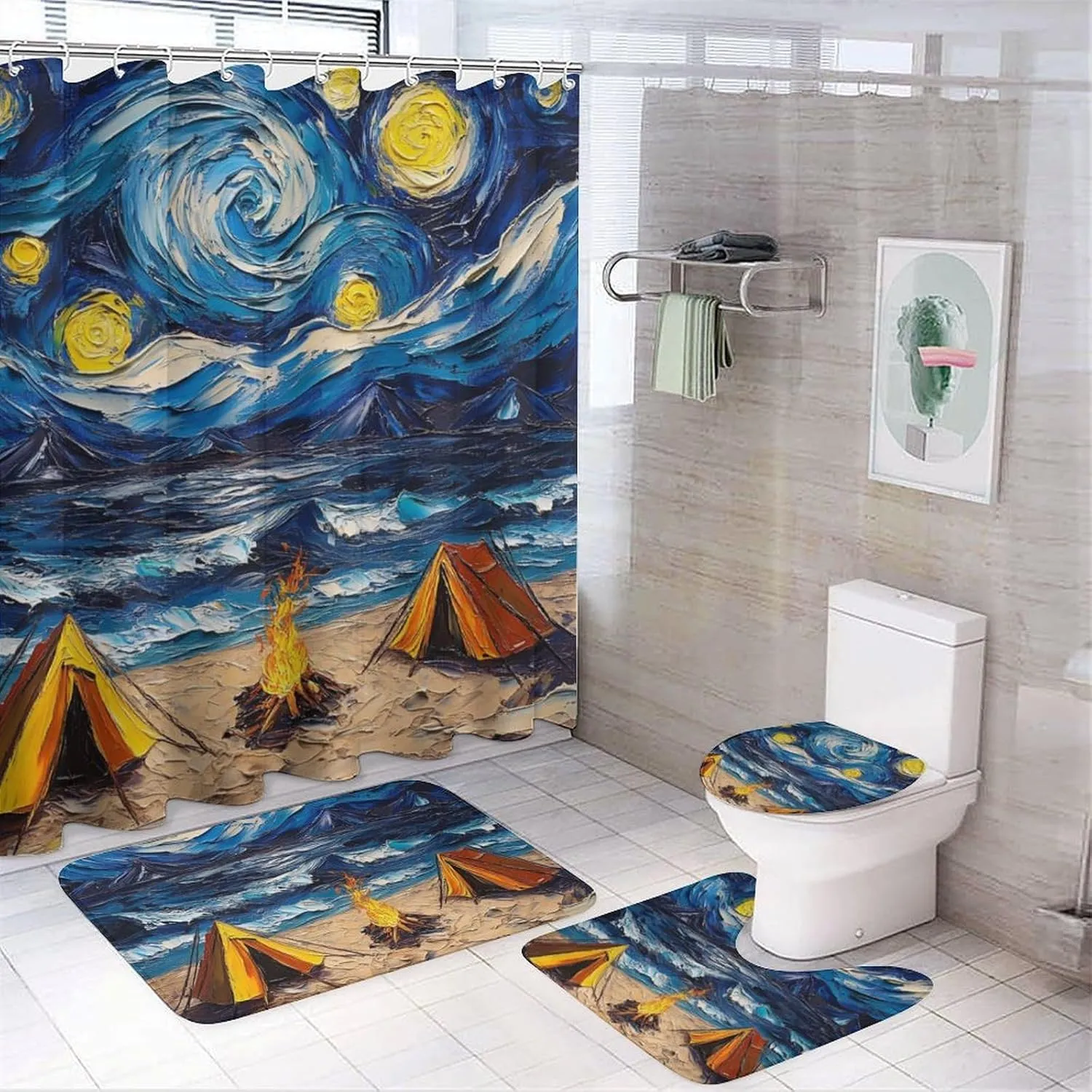 Camping Tent 4 Pcs Shower Curtain Set, Non Slip Rug Toilet Lid Cover Bath Mat, Tropical Ocean Beach Campfire Oil Painting Bathroom Shower Decor Set Accessory, 72 x 72 Inch