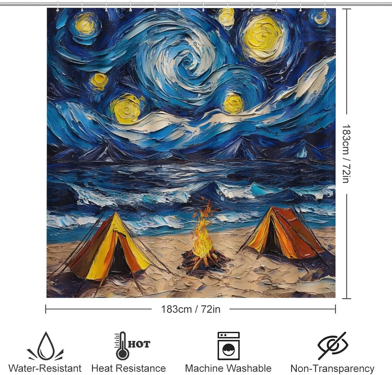 Camping Tent 4 Pcs Shower Curtain Set, Non Slip Rug Toilet Lid Cover Bath Mat, Tropical Ocean Beach Campfire Oil Painting Bathroom Shower Decor Set Accessory, 72 x 72 Inch