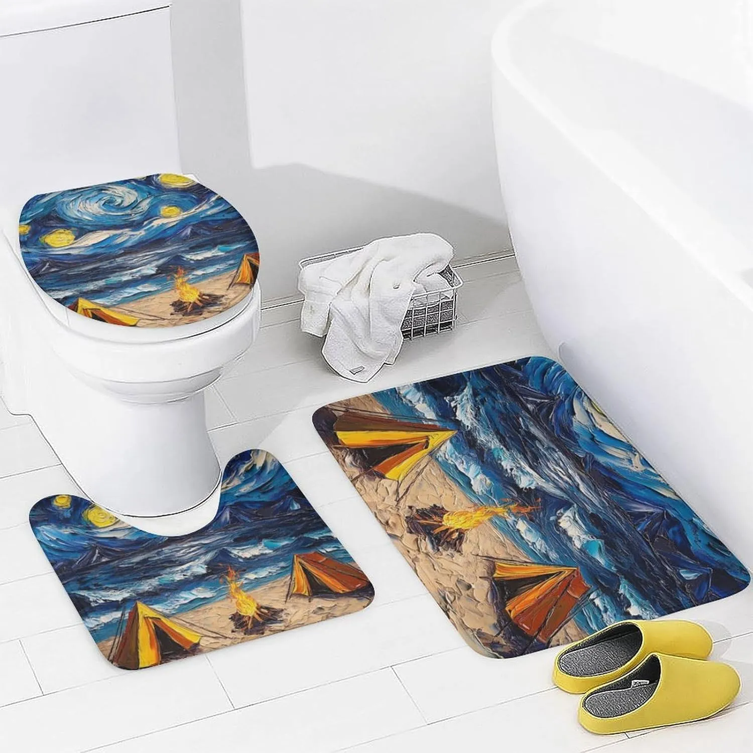 Camping Tent 4 Pcs Shower Curtain Set, Non Slip Rug Toilet Lid Cover Bath Mat, Tropical Ocean Beach Campfire Oil Painting Bathroom Shower Decor Set Accessory, 72 x 72 Inch