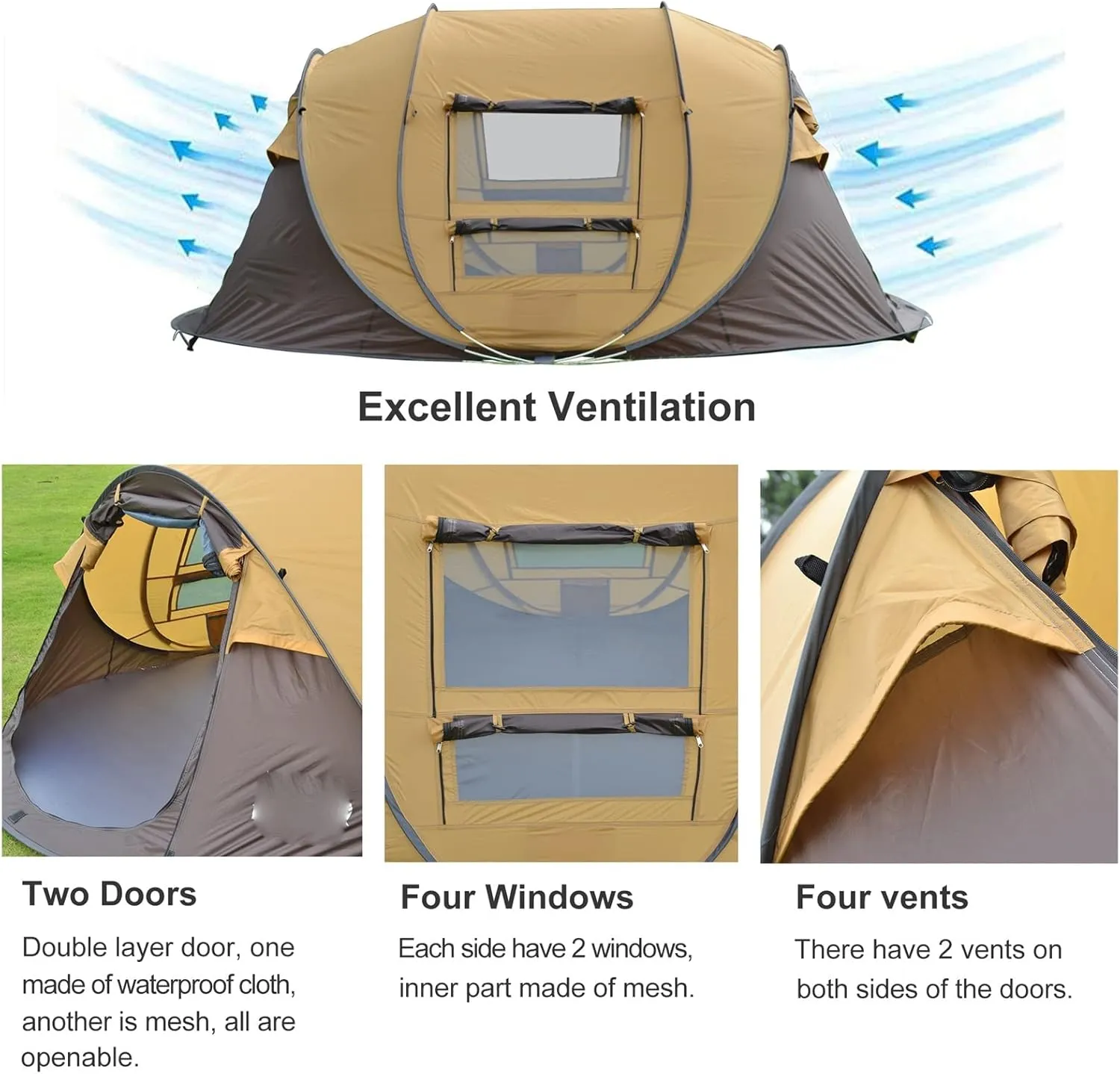 Camping Tent Automatic Pop-up Tent, 3-4 Person Outdoor Instant Setup Tent 4 Season Waterproof Tent for Hiking, Camping, Travelling