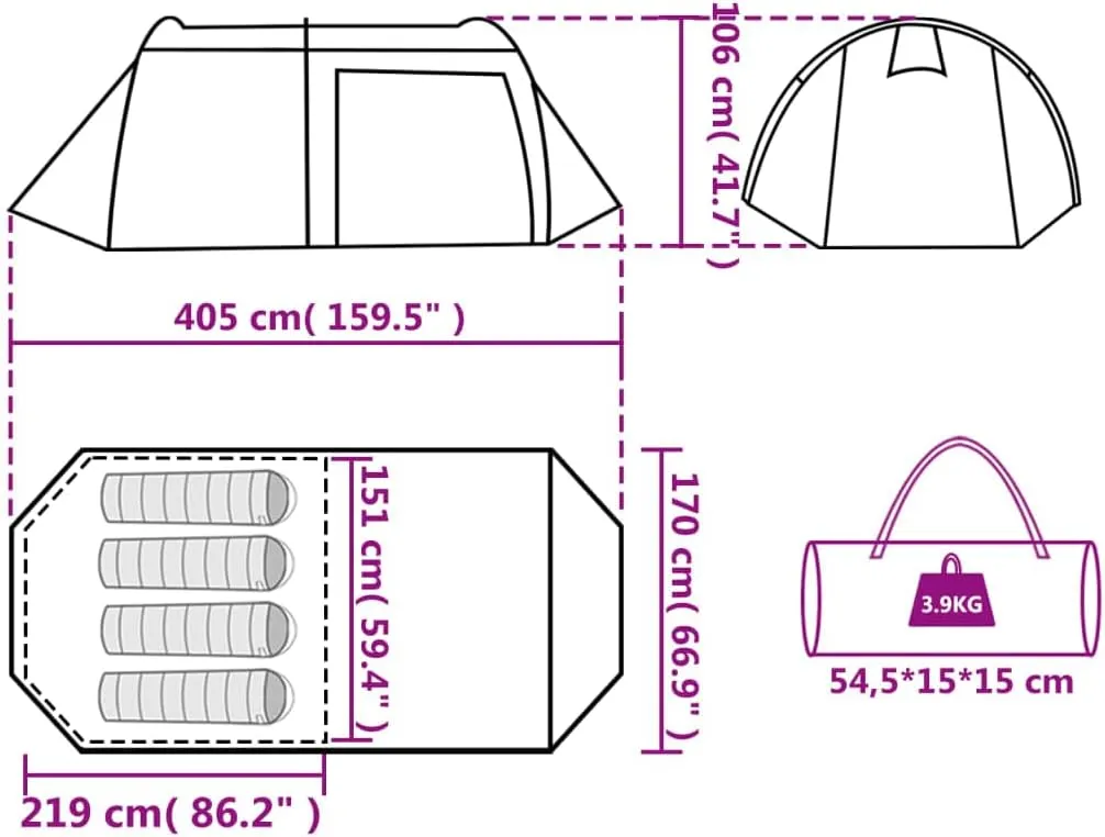 Camping Tent Tunnel 4-Person Green Waterproof vidaXL