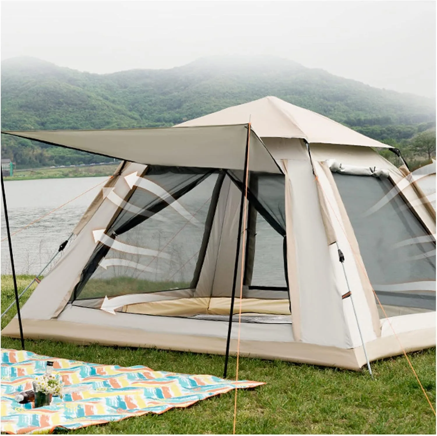 Camping Tunnel Tent 4 People Double Doors and Four Windows,Waterproof Tent Practical and Stable Tunnel Tent for Camping, Hiking, Mountaineering
