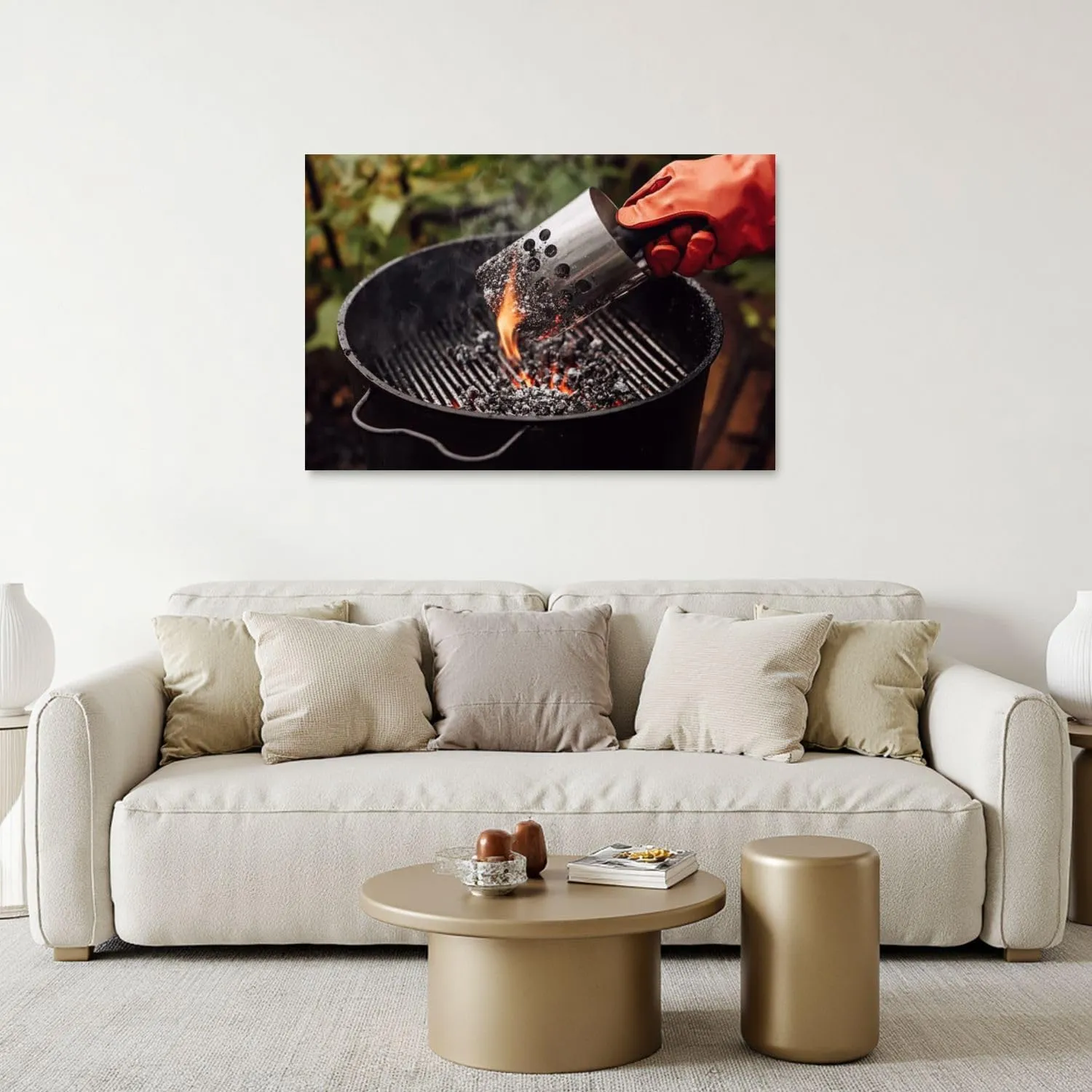 Canvas Wall Art Prints Picture Close up man gloves chimney starter barbecue grill open air Framed Large Size Artwork Wall Painting Home Decor for Living Room Bedroom Ready to Hang 24"x36"