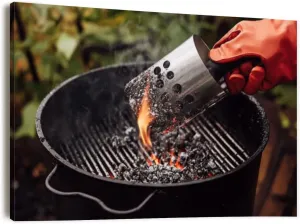Canvas Wall Art Prints Picture Close up man gloves chimney starter barbecue grill open air Framed Large Size Artwork Wall Painting Home Decor for Living Room Bedroom Ready to Hang 24"x36"