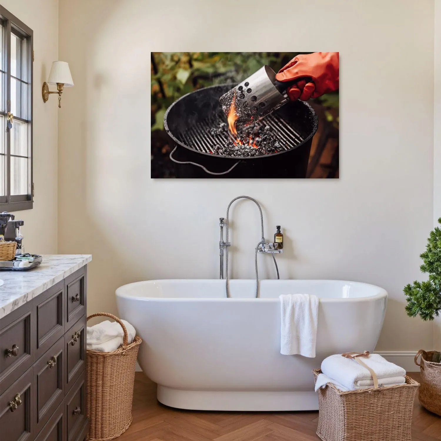 Canvas Wall Art Prints Picture Close up man gloves chimney starter barbecue grill open air Framed Large Size Artwork Wall Painting Home Decor for Living Room Bedroom Ready to Hang 24"x36"
