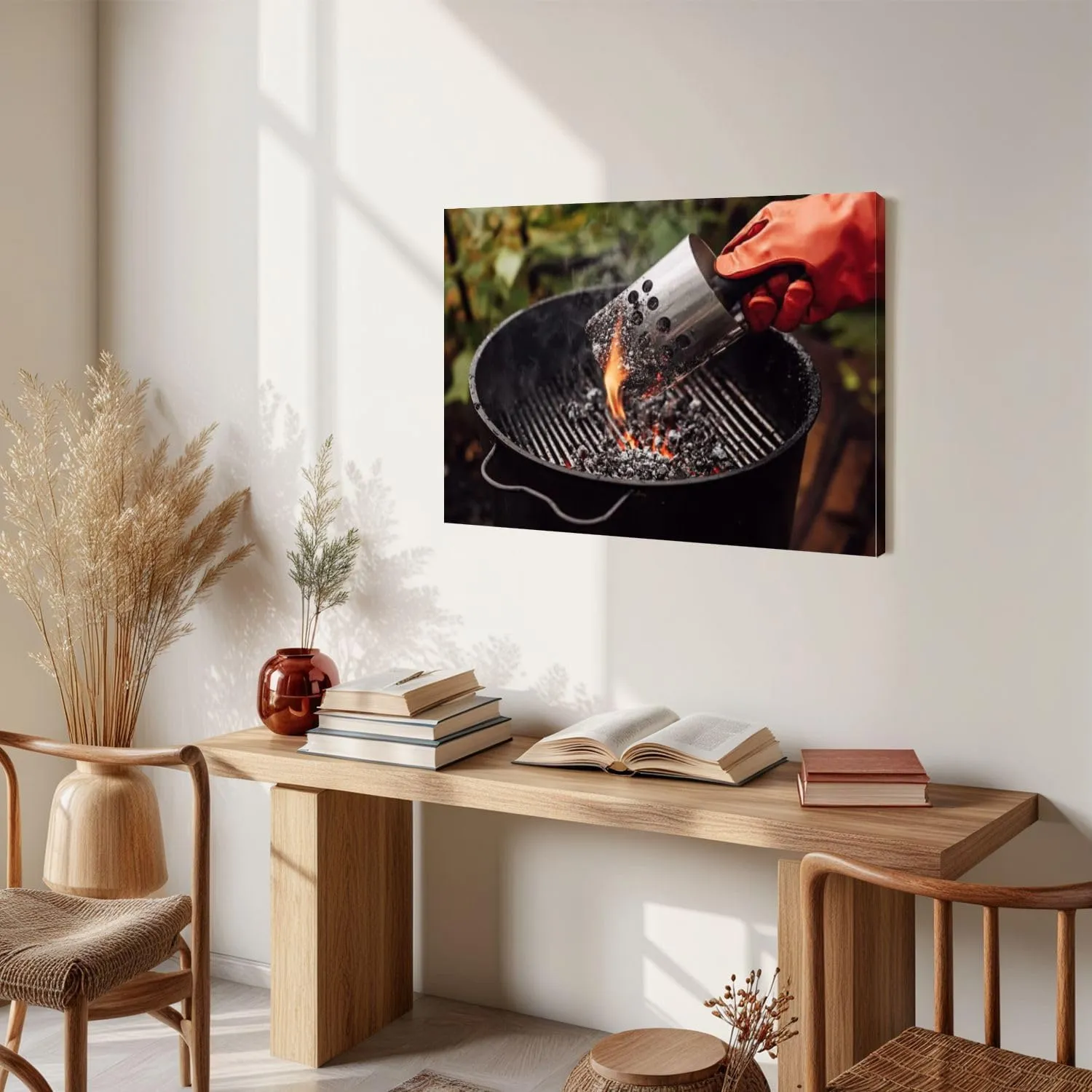 Canvas Wall Art Prints Picture Close up man gloves chimney starter barbecue grill open air Framed Large Size Artwork Wall Painting Home Decor for Living Room Bedroom Ready to Hang 24"x36"