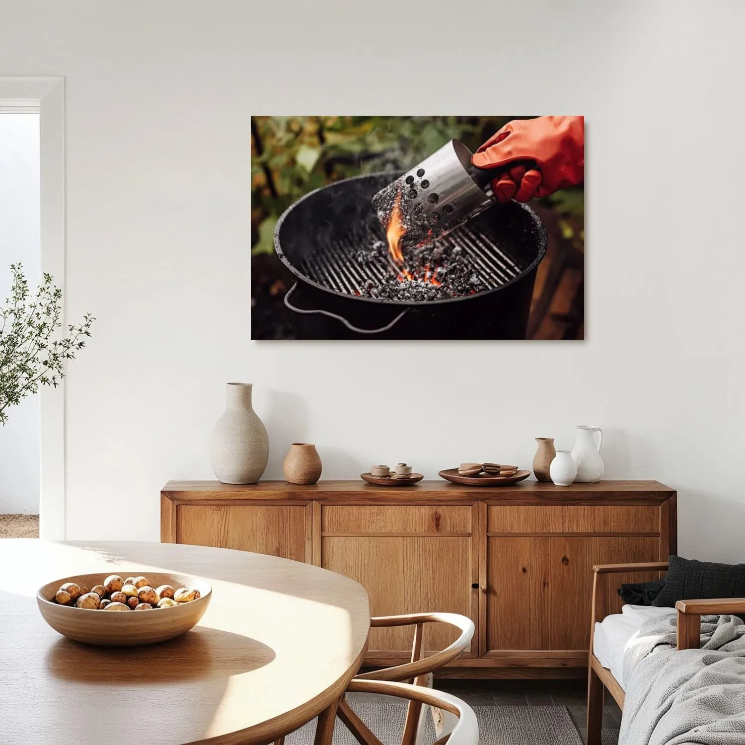 Canvas Wall Art Prints Picture Close up man gloves chimney starter barbecue grill open air Framed Large Size Artwork Wall Painting Home Decor for Living Room Bedroom Ready to Hang 24"x36"