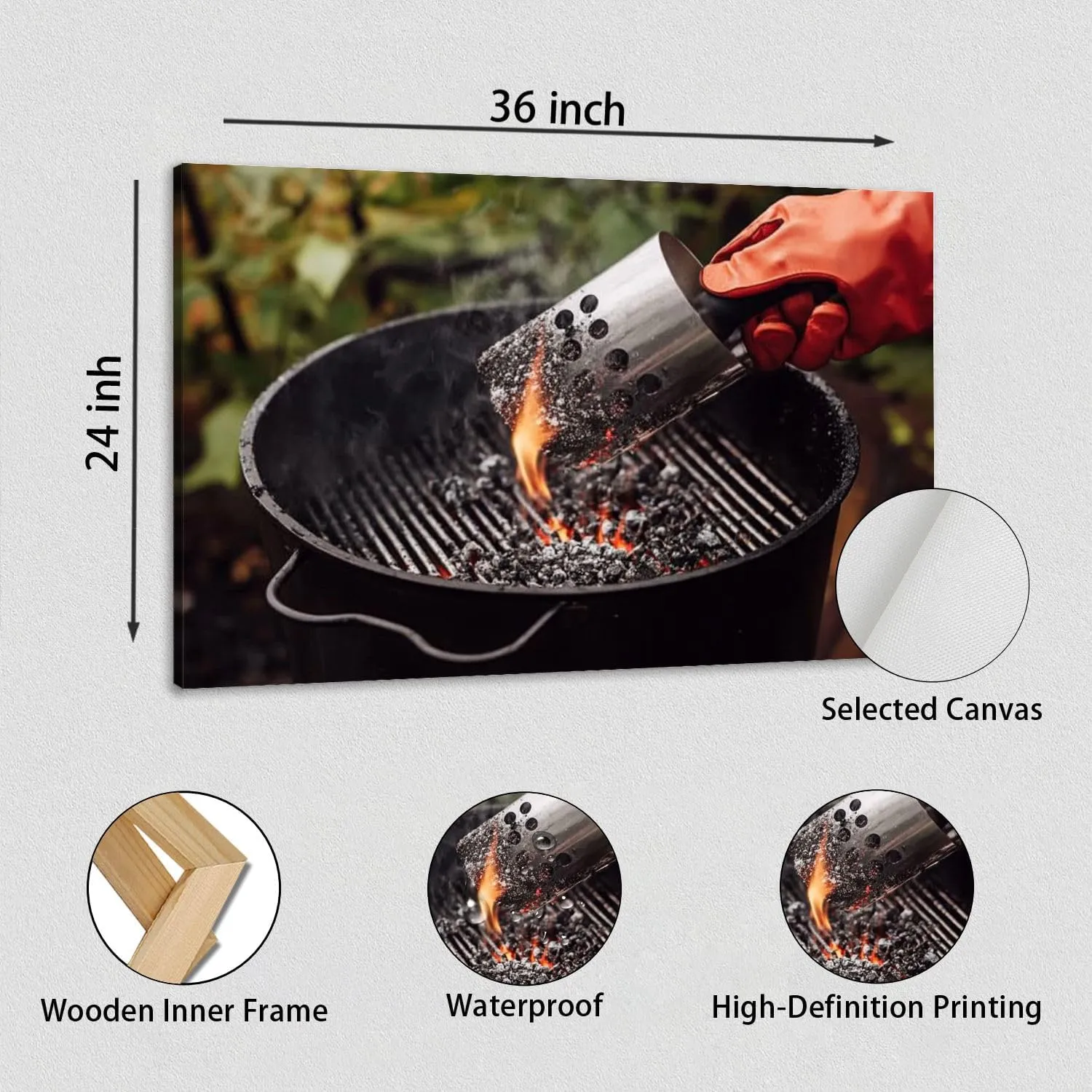 Canvas Wall Art Prints Picture Close up man gloves chimney starter barbecue grill open air Framed Large Size Artwork Wall Painting Home Decor for Living Room Bedroom Ready to Hang 24"x36"