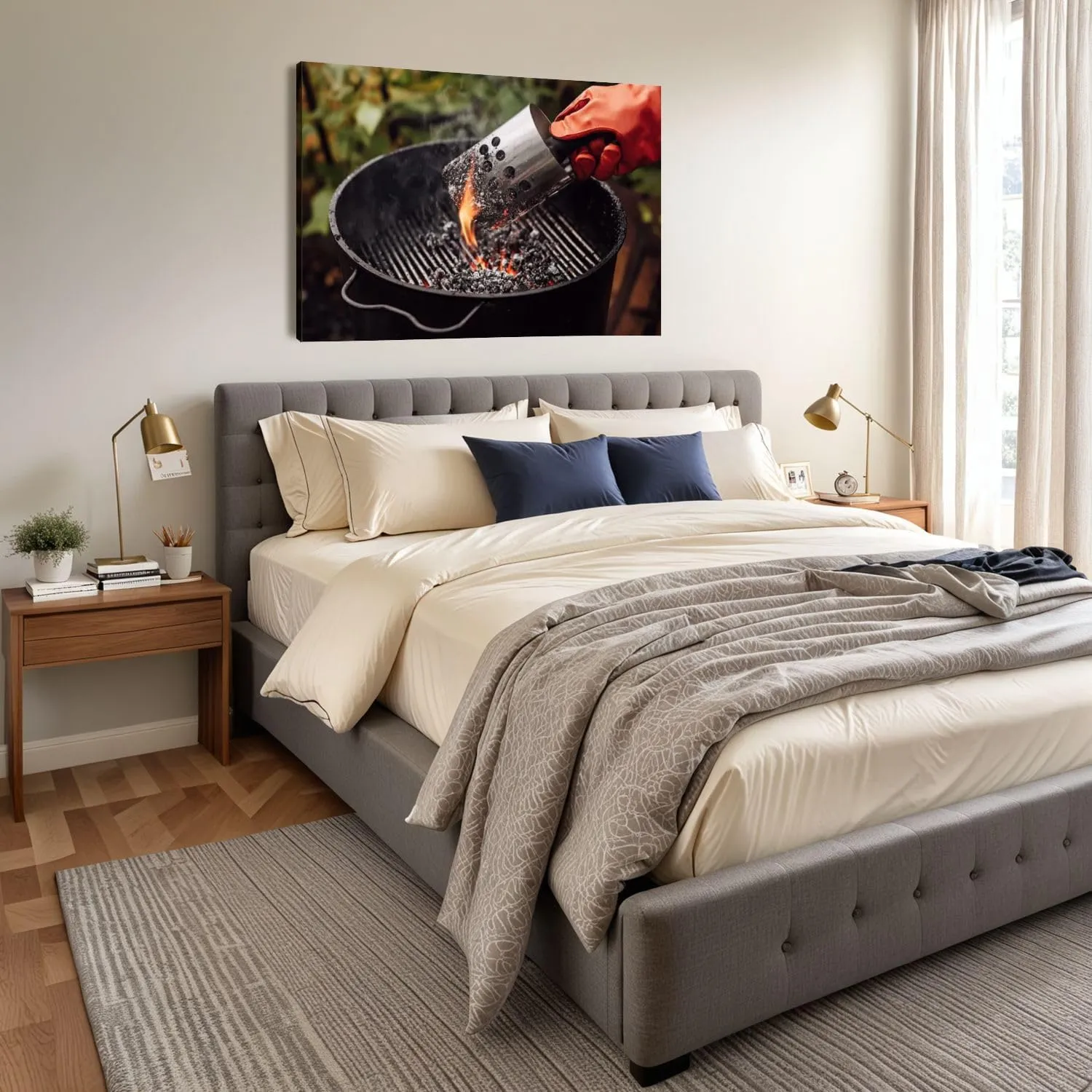 Canvas Wall Art Prints Picture Close up man gloves chimney starter barbecue grill open air Framed Large Size Artwork Wall Painting Home Decor for Living Room Bedroom Ready to Hang 24"x36"