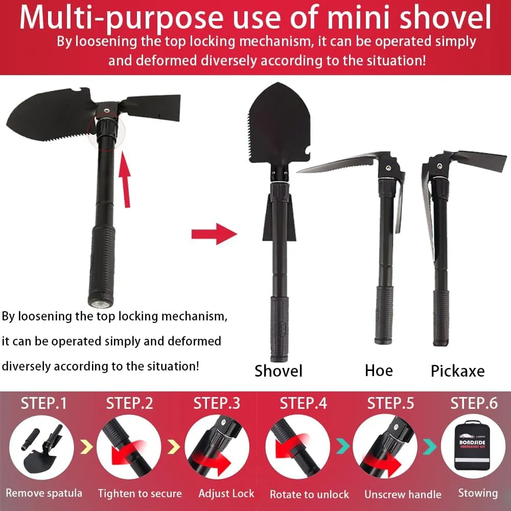 Car Emergency Roadside Tool Kit, Emergency Kits for Vehicles, Road Side Safety Assistance Kit,with Jumper Cables for Car,Headlamp,Folding Shovel,Tow, Basic Automobile Road Side Kits for Men Women