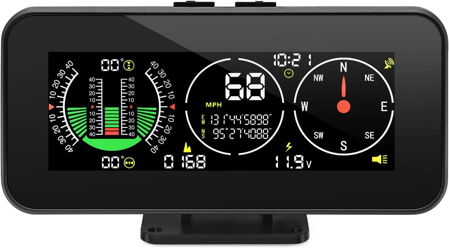 Car Inclinometer Angle Slope Meter Digital HUD GPS Level Tilt Meter MAIMEIMI, Real-time Multifunctional Vehicle tilt, Pitch Angle, Speed with Dashboard Compass Display for 11.5-30V Off-Road Vehicles