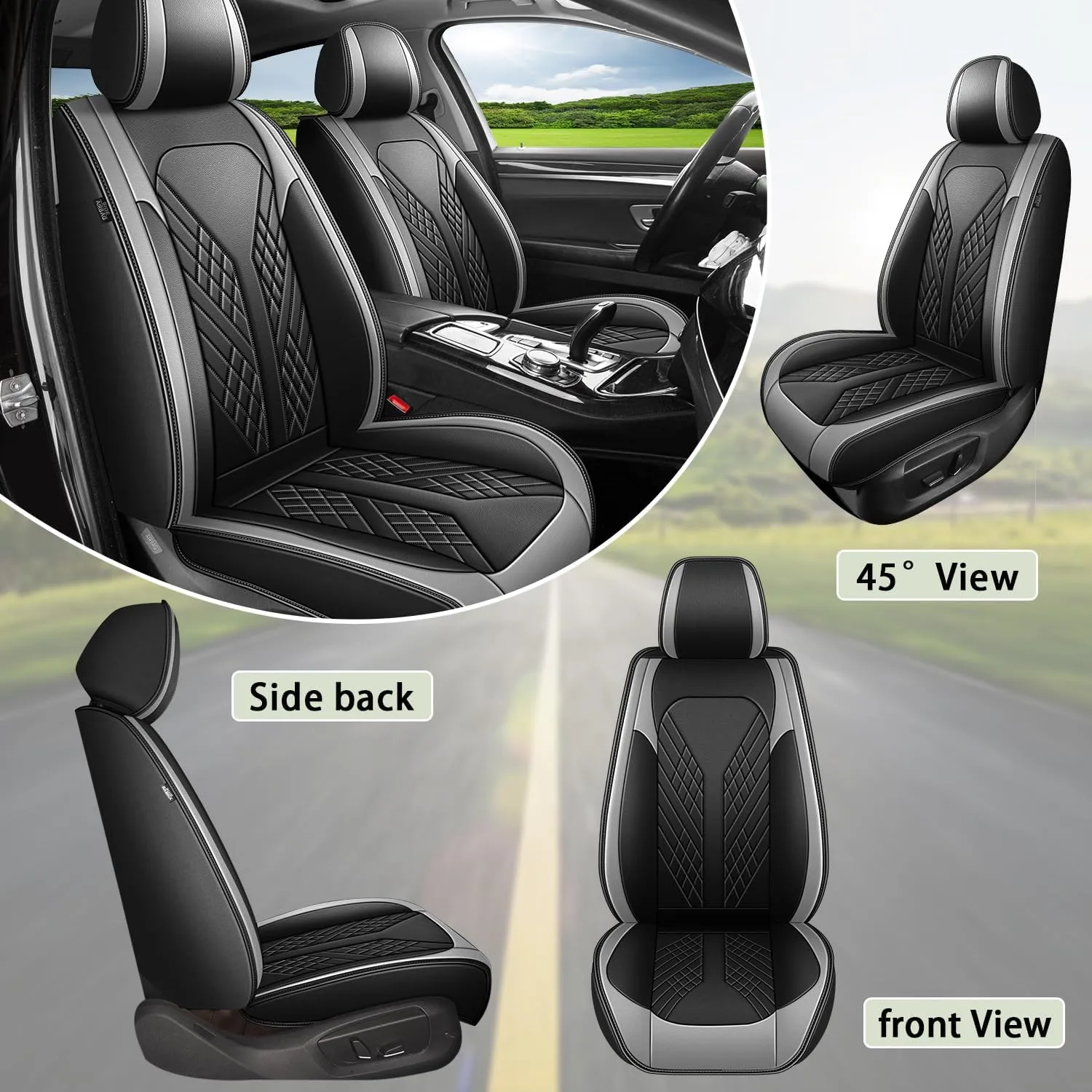 Car Seat Covers Full Set Fit for Hyundai Kona 2018-2025 Waterproof Faux Leather Car Seat Cushions Automotive 5 Seat Covers Set（Black&Grey）