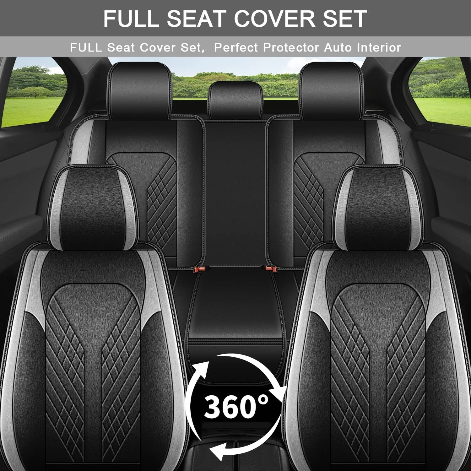 Car Seat Covers Full Set Fit for Hyundai Kona 2018-2025 Waterproof Faux Leather Car Seat Cushions Automotive 5 Seat Covers Set（Black&Grey）