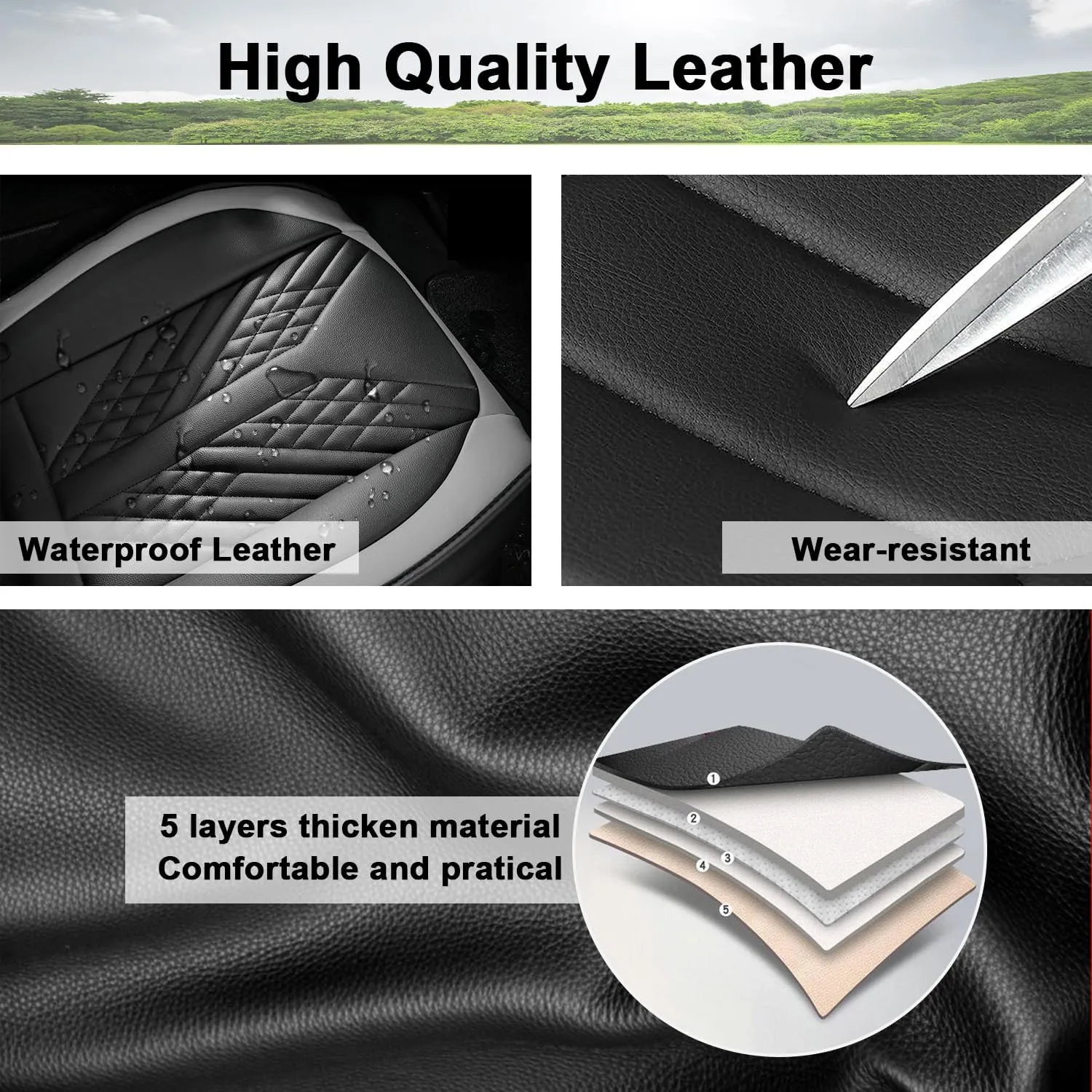 Car Seat Covers Full Set Fit for Hyundai Kona 2018-2025 Waterproof Faux Leather Car Seat Cushions Automotive 5 Seat Covers Set（Black&Grey）