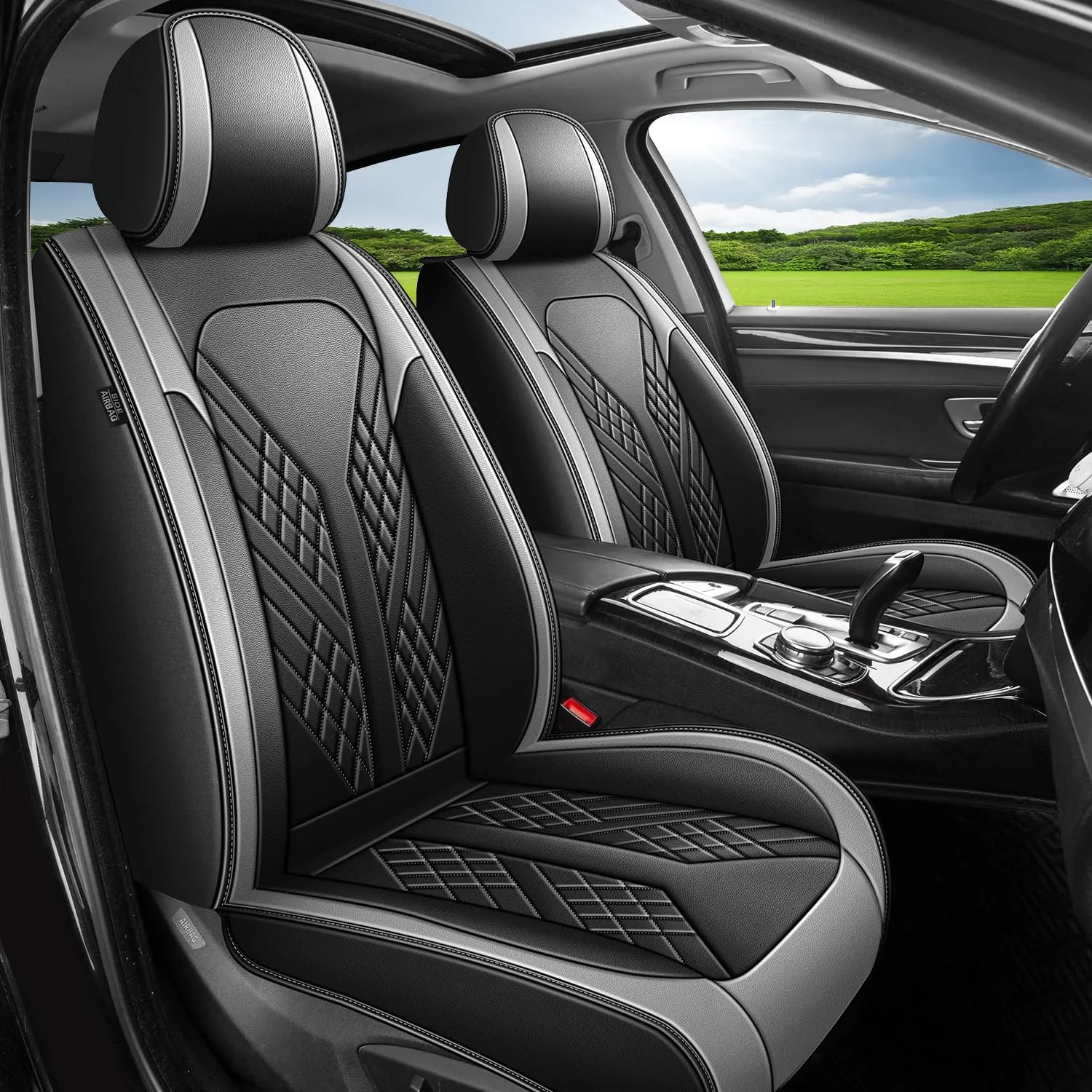 Car Seat Covers Full Set Fit for Hyundai Kona 2018-2025 Waterproof Faux Leather Car Seat Cushions Automotive 5 Seat Covers Set（Black&Grey）