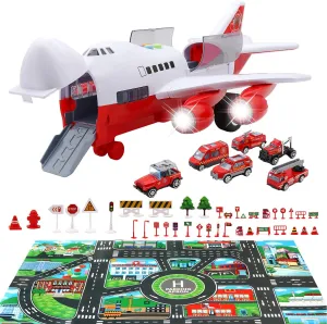 Car Toys Set with Transport Cargo Airplane, Educational Vehicles Fire Fighting Car Set for Kids Toddlers Child Gift for 3 4 5 6 Years Old, Large Play Mat and 6 Trucks Large Plane 11 Road Signs