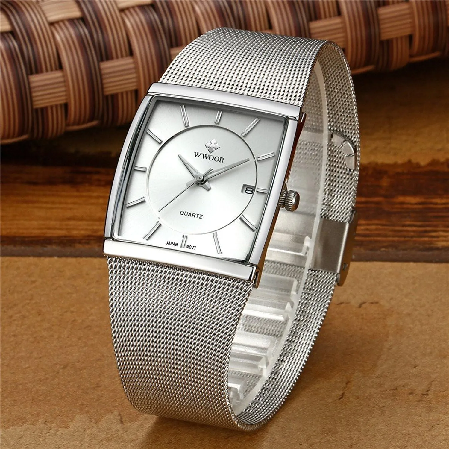 carlien Men's Analog Quartz Watch Waterproof Business Stainless Steel Mesh Strap Thin Case Wristwatches Auto Date (White)