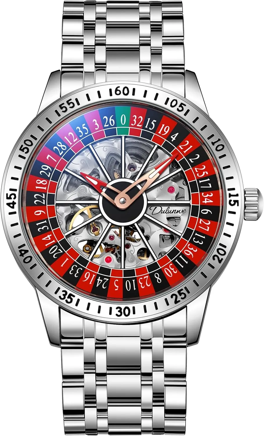 CARLIEN Mens Gambling Automatic Mechanical Skeleton Hollow Waterproof Luminous Watch Stainless Steel Band Self Winding Roulette Wheel Business Casual Wristwatch