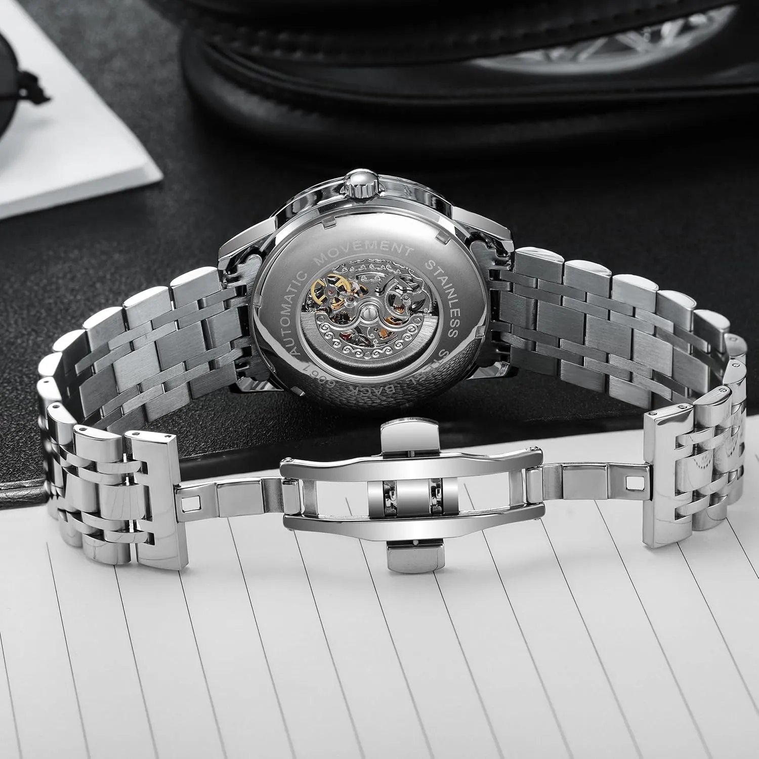 CARLIEN Mens Gambling Automatic Mechanical Skeleton Hollow Waterproof Luminous Watch Stainless Steel Band Self Winding Roulette Wheel Business Casual Wristwatch