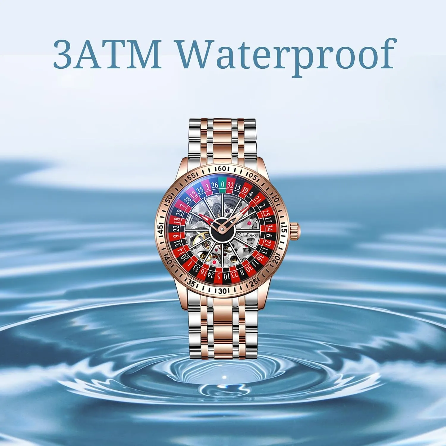 CARLIEN Mens Gambling Automatic Mechanical Skeleton Hollow Waterproof Luminous Watch Stainless Steel Band Self Winding Roulette Wheel Business Casual Wristwatch