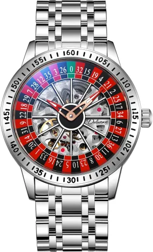 CARLIEN Mens Gambling Automatic Mechanical Skeleton Hollow Waterproof Luminous Watch Stainless Steel Band Self Winding Roulette Wheel Business Casual Wristwatch
