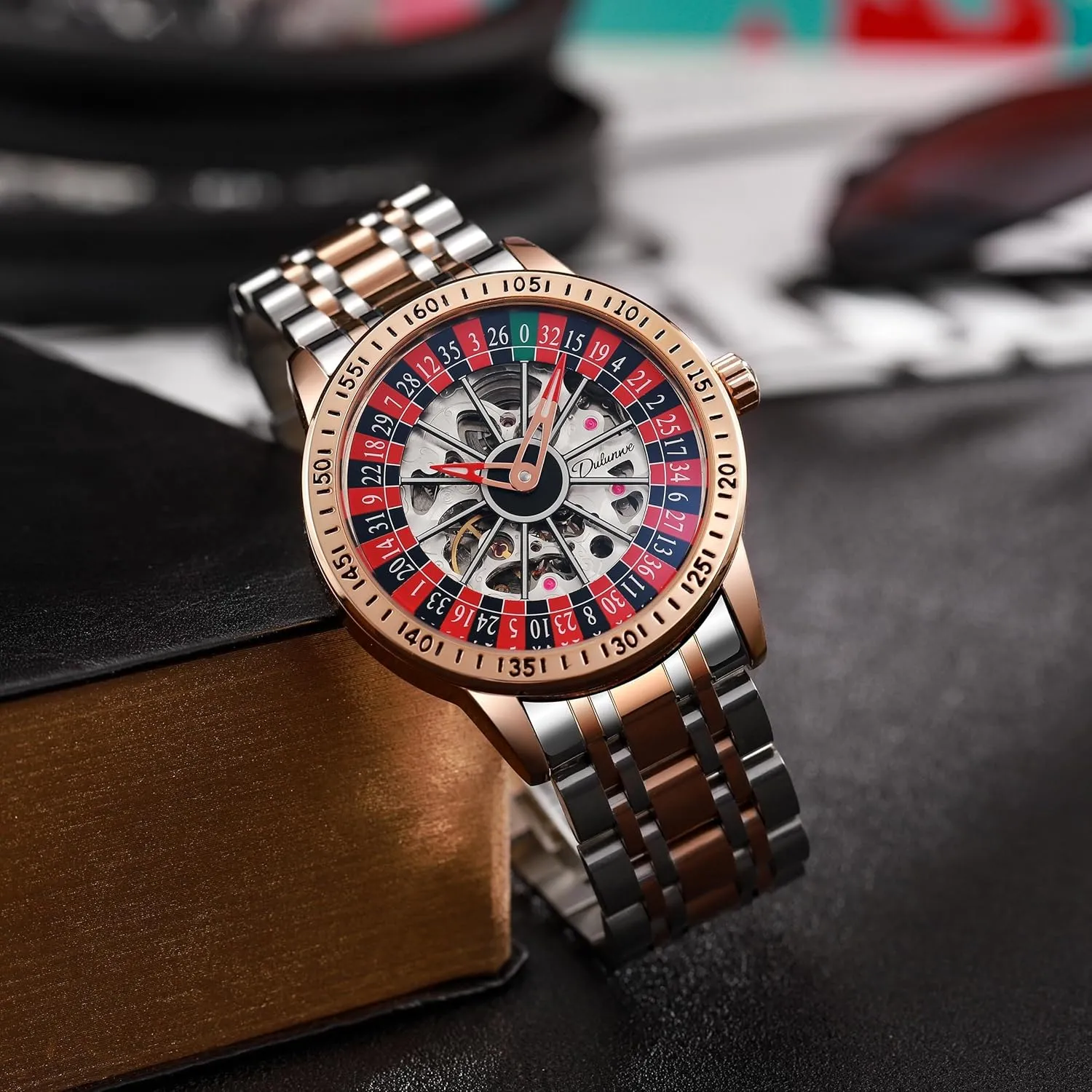 CARLIEN Mens Gambling Automatic Mechanical Skeleton Hollow Waterproof Luminous Watch Stainless Steel Band Self Winding Roulette Wheel Business Casual Wristwatch